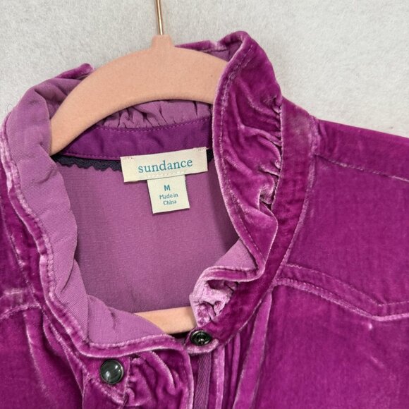 Sundance Shirt Womens Medium Purple Velvet Ruffle Snap Front Long Sleeve Blouse - Picture 4 of 9